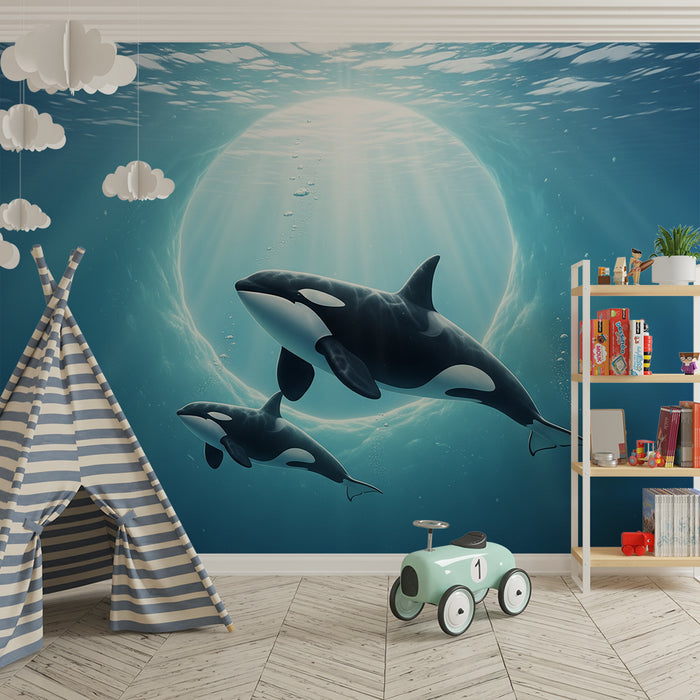 Papier peint chambre enfant | Orques nageant dans les profondeurs marines