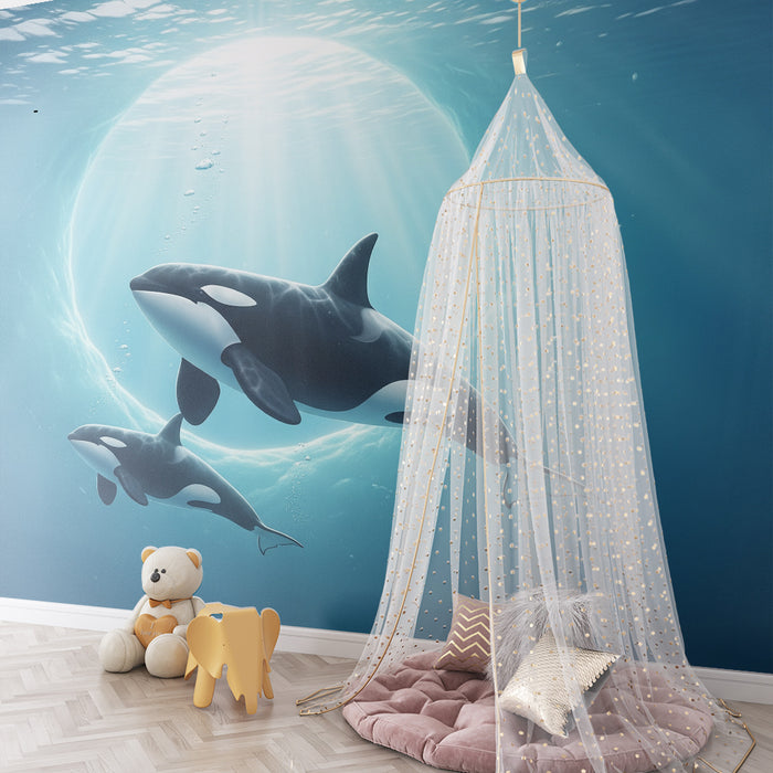 Papier peint chambre enfant | Orques nageant dans les profondeurs marines