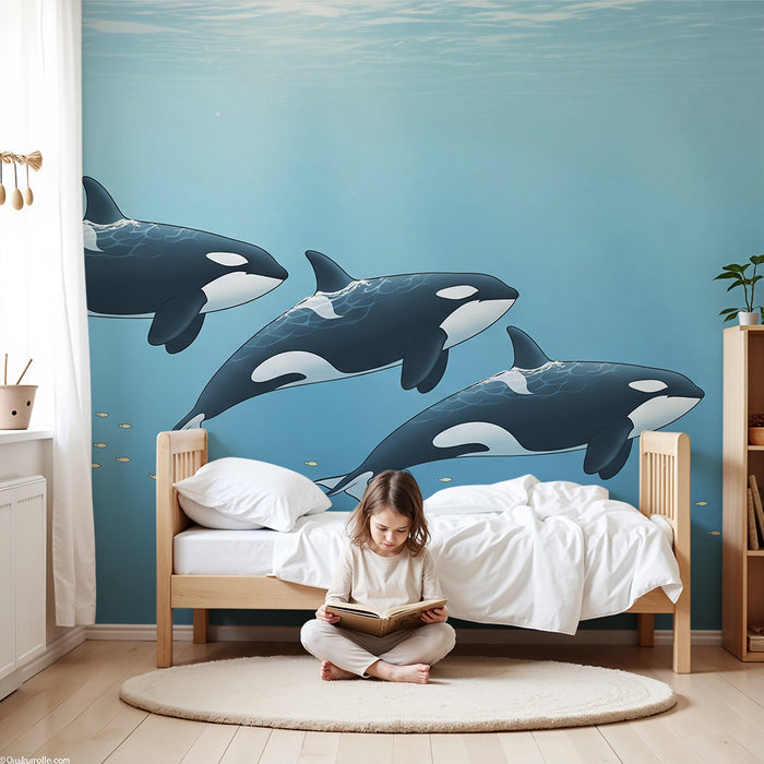 Papier peint chambre enfant | Orques nageant dans un océan bleu serein