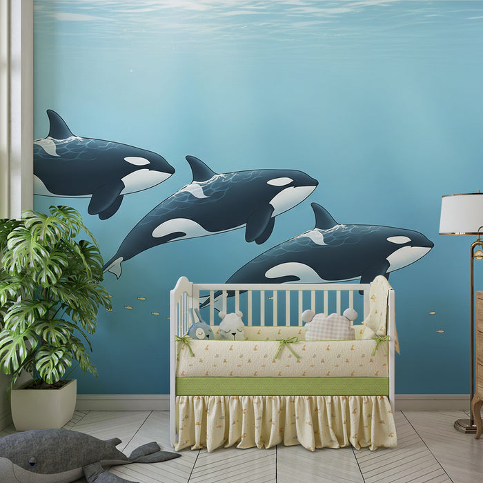 Papier peint chambre enfant | Orques nageant dans un océan bleu serein