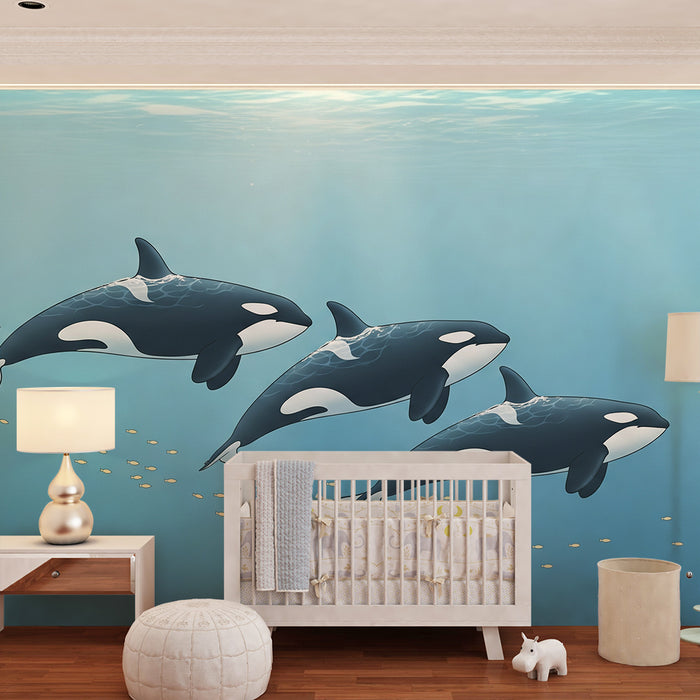Papier peint chambre enfant | Orques nageant dans un océan bleu serein