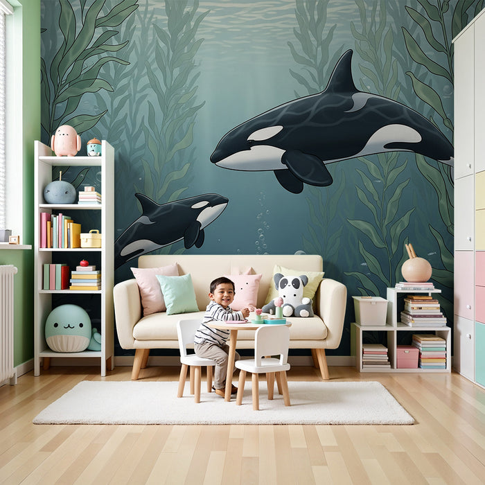 Papel de parede para quarto infantil | Orcas a nadar entre algas marinhas