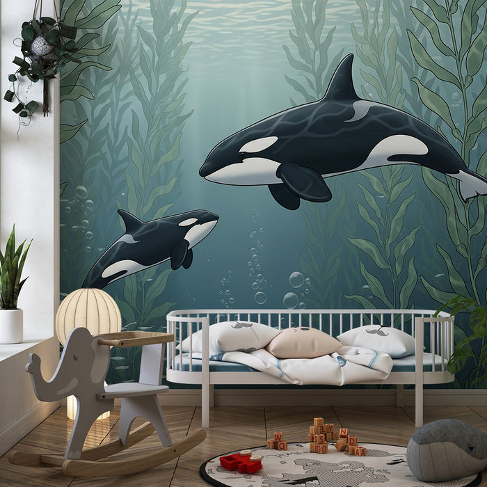 Papel de parede para quarto infantil | Orcas a nadar entre algas marinhas