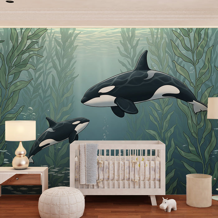 Papel de parede para quarto infantil | Orcas a nadar entre algas marinhas