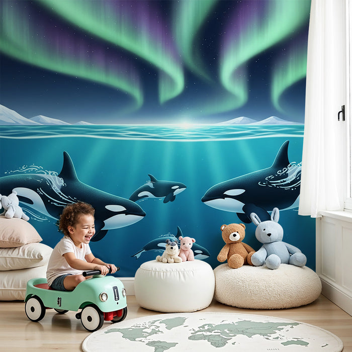 Papier peint chambre enfant | Orques sous les aurores boréales