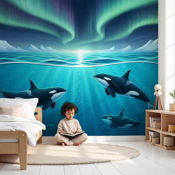 Carta da parati per camera bambini | Orche sotto l’aurora boreale in un oceano turchese
