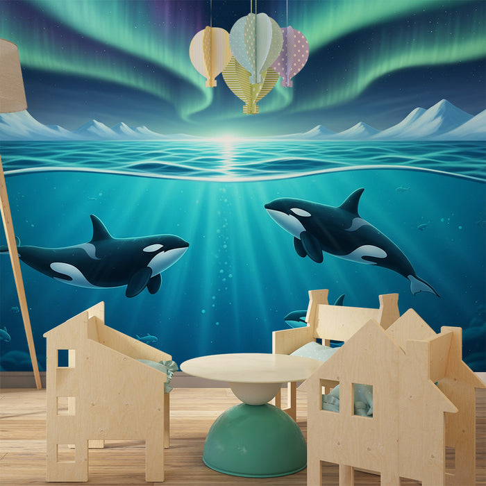 Carta da parati per camera bambini | Orche sotto l’aurora boreale in un oceano turchese