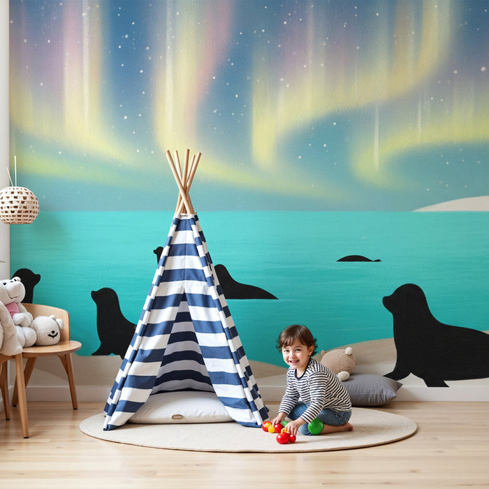 Papel de parede criança | Focas sob as auroras boreais