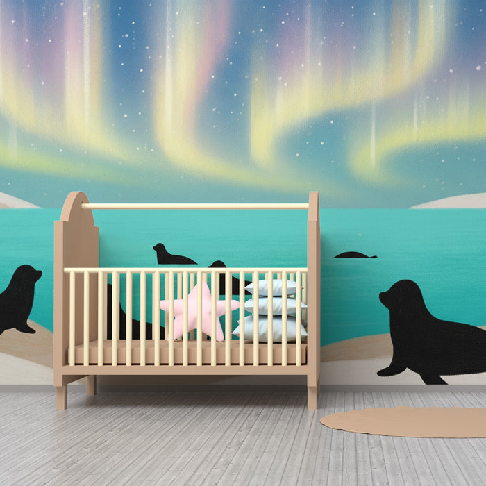 Papel de parede criança | Focas sob as auroras boreais