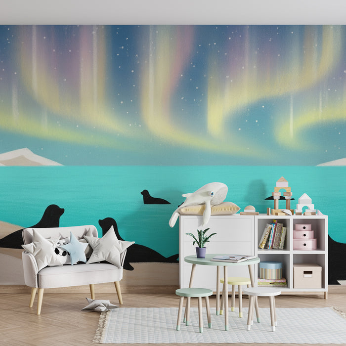 Papel de parede criança | Focas sob as auroras boreais