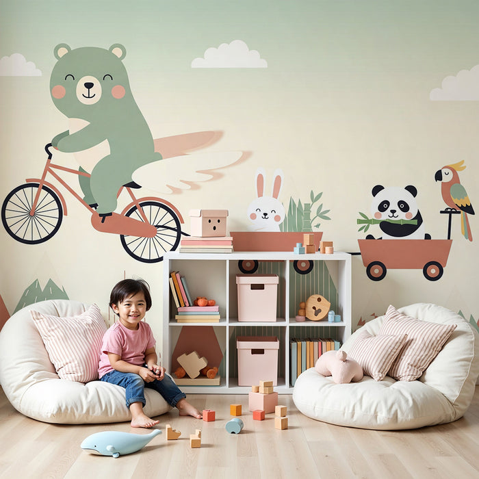 Dječja soba tapeta | Medvjed na biciklu sa svojim životinjskim prijateljima u planinskom krajoliku