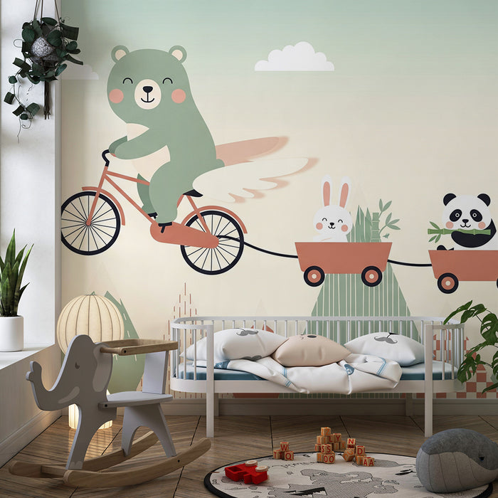 Dječja soba tapeta | Medvjed na biciklu sa svojim životinjskim prijateljima u planinskom krajoliku
