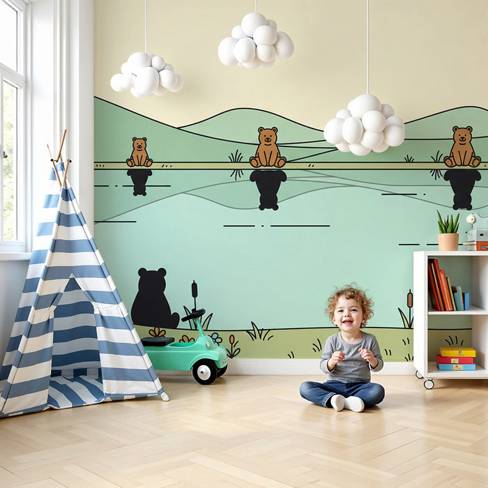 Papel pintado infantil | Ositos adorables junto a un lago tranquilo