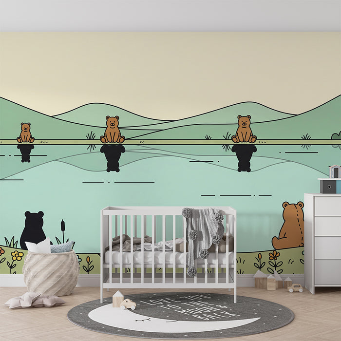 Papel pintado infantil | Ositos adorables junto a un lago tranquilo