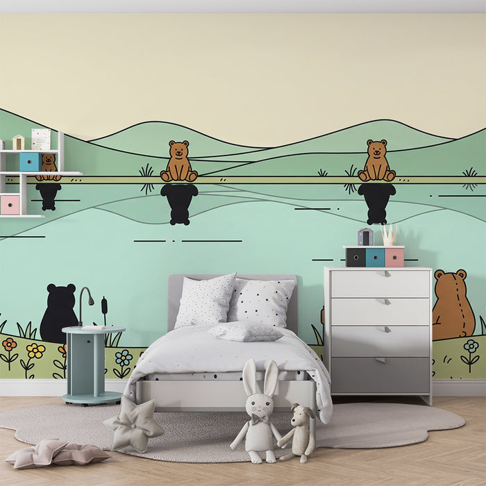 Papel pintado infantil | Ositos adorables junto a un lago tranquilo