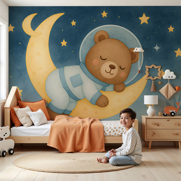 Papier peint chambre enfant | Ours aventureux sur la lune