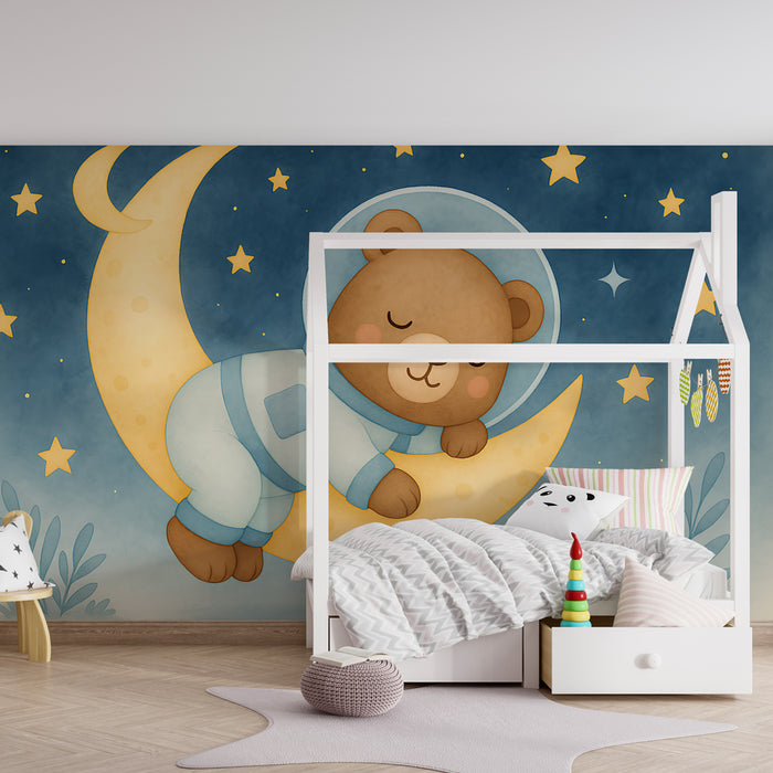 Papier peint chambre enfant | Ours aventureux sur la lune