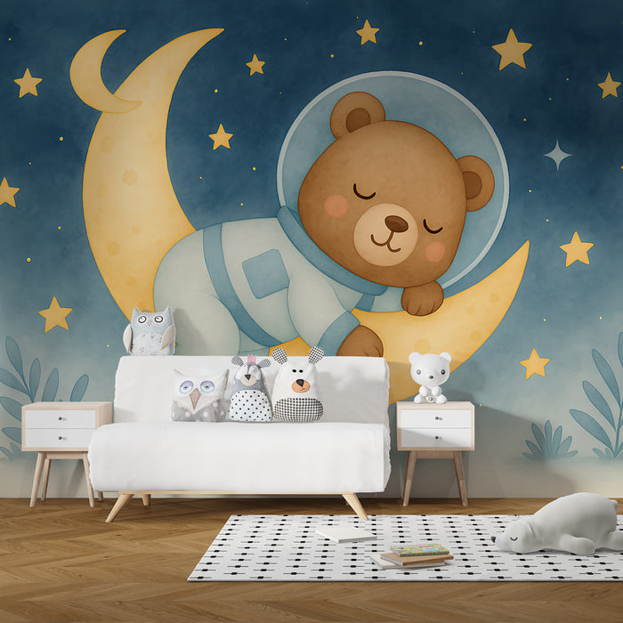 Papier peint chambre enfant | Ours aventureux sur la lune