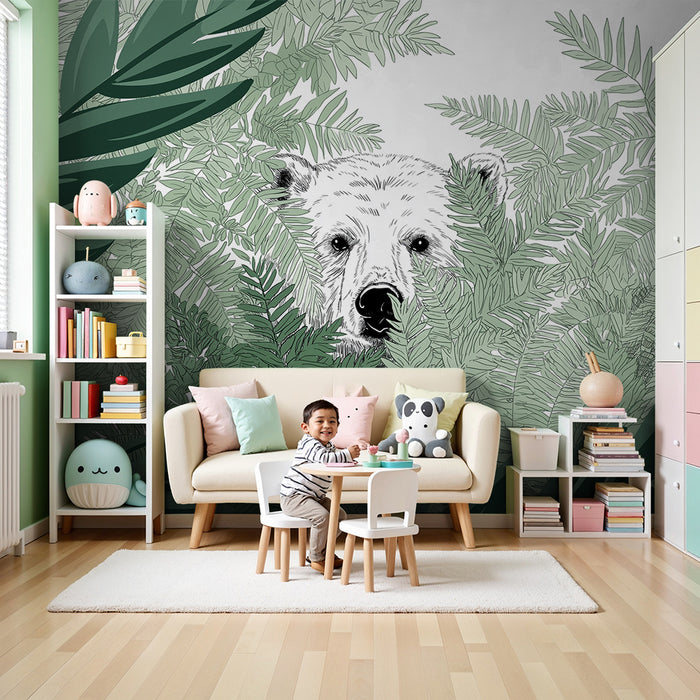 Papier peint chambre enfant | Ours blanc caché parmi les fougères luxuriantes