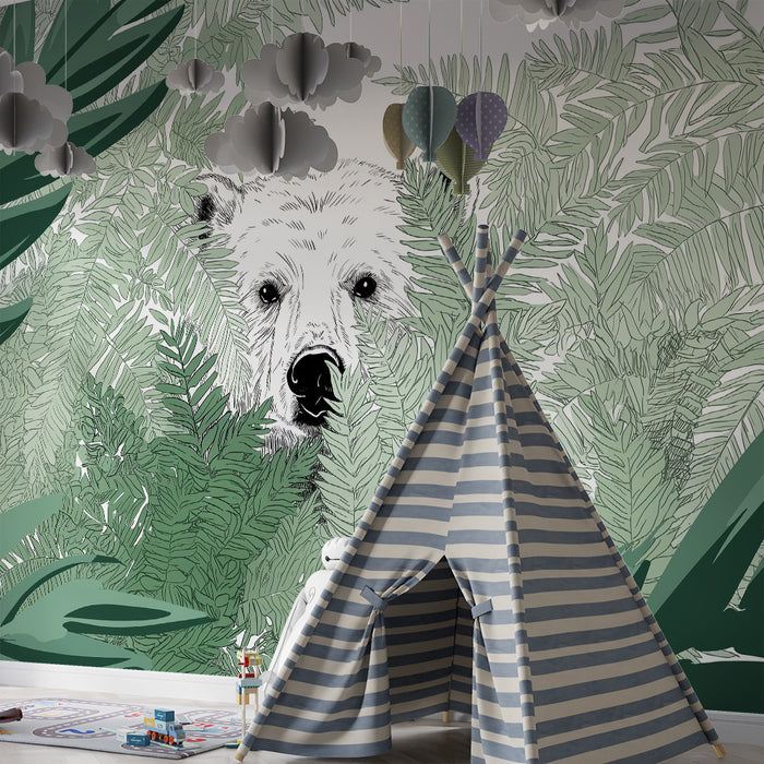 Papier peint chambre enfant | Ours blanc caché parmi les fougères luxuriantes