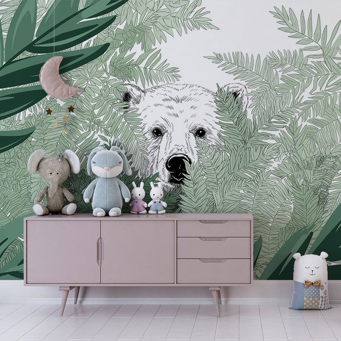 Papier peint chambre enfant | Ours blanc caché parmi les fougères luxuriantes