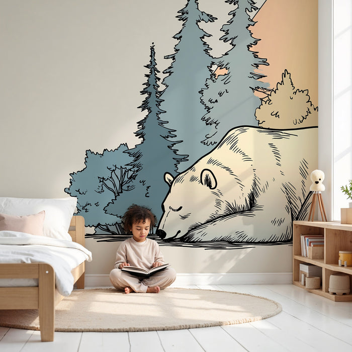 Carta da parati bambini | Orso bianco e foresta incantata