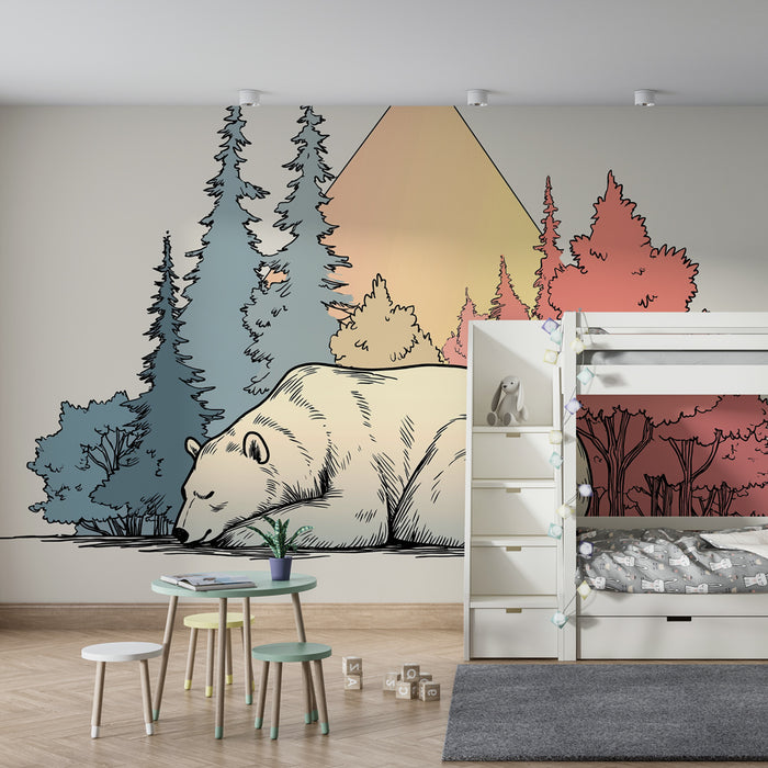 Carta da parati bambini | Orso bianco e foresta incantata