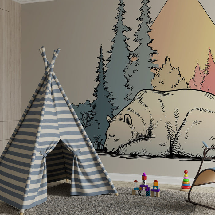 Carta da parati bambini | Orso bianco e foresta incantata
