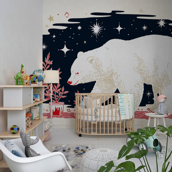 Carta da parati bambini | Orso bianco e piante su sfondo stellato