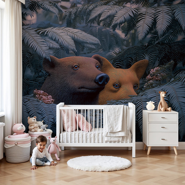 Papier peint chambre enfant | Ours curieux cachés dans la jungle verdoyante