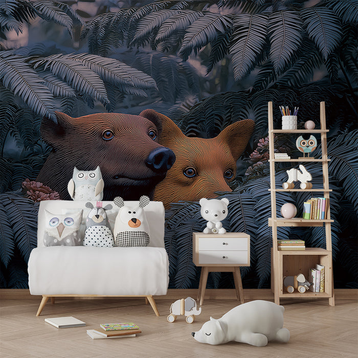 Papier peint chambre enfant | Ours curieux cachés dans la jungle verdoyante