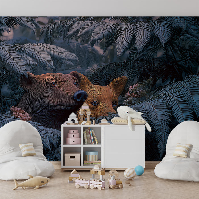 Papier peint chambre enfant | Ours curieux cachés dans la jungle verdoyante