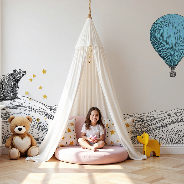 Lastenhuoneen tapetti | Utelias karhu ja sininen ilmapalloilmaisimessa vuoristomaisemassa