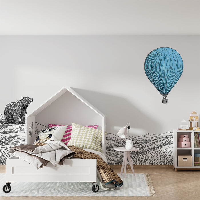 Lastenhuoneen tapetti | Utelias karhu ja sininen ilmapalloilmaisimessa vuoristomaisemassa