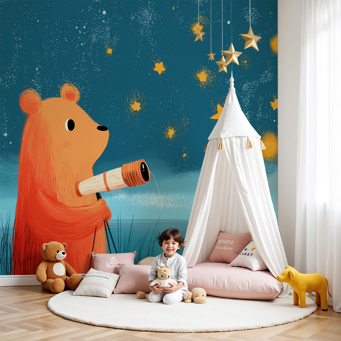 Papier peint chambre enfant | Ours curieux observant les étoiles