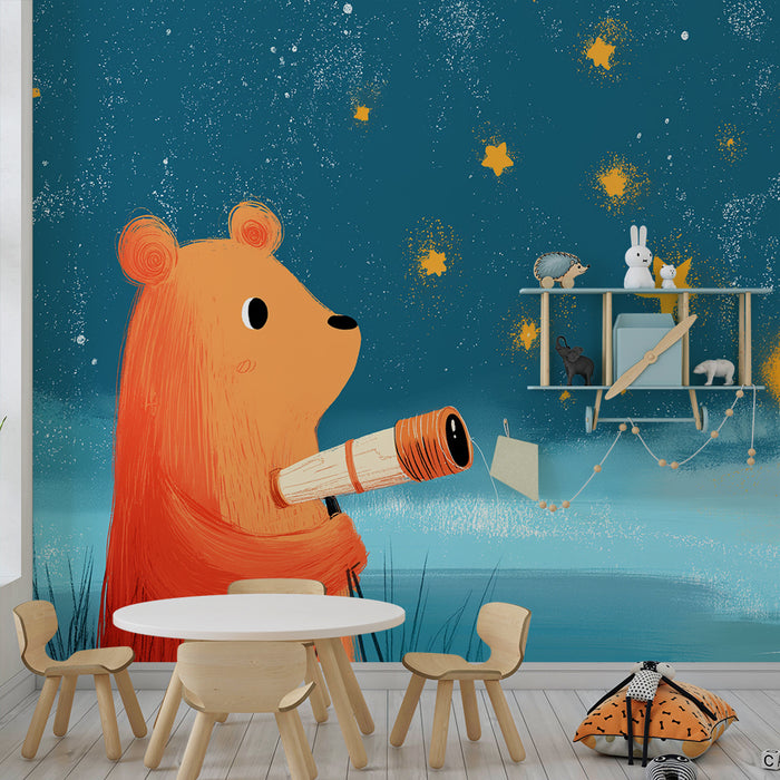 Papier peint chambre enfant | Ours curieux observant les étoiles