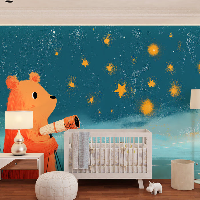 Papier peint chambre enfant | Ours curieux observant les étoiles