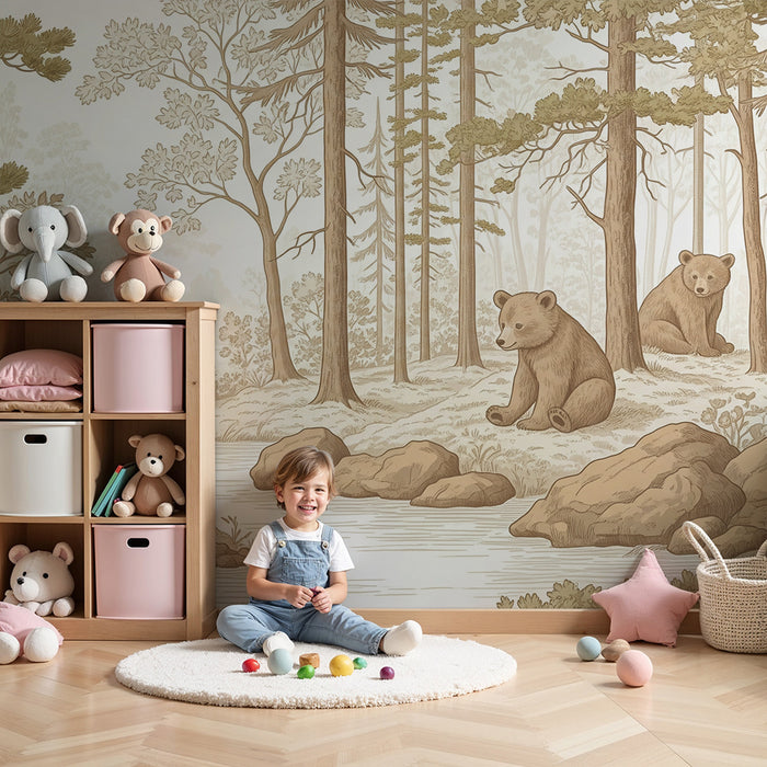 Papel de parede para quarto infantil | Urso na floresta com riacho e rochas