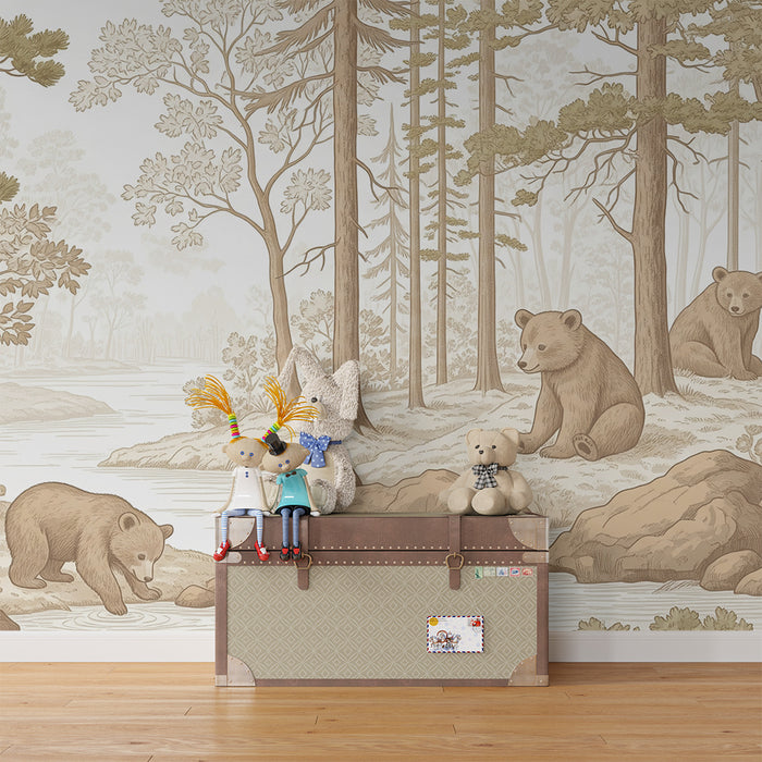 Papel de parede para quarto infantil | Urso na floresta com riacho e rochas