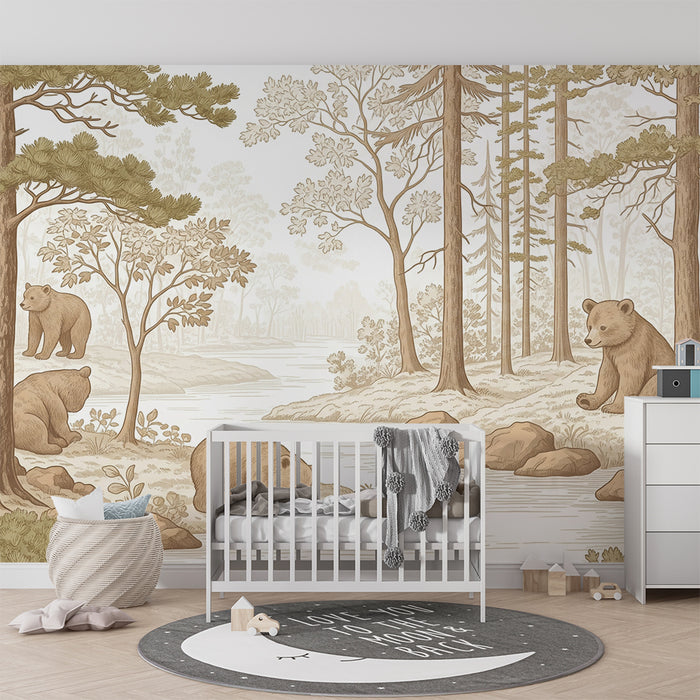 Papel de parede para quarto infantil | Urso na floresta com riacho e rochas