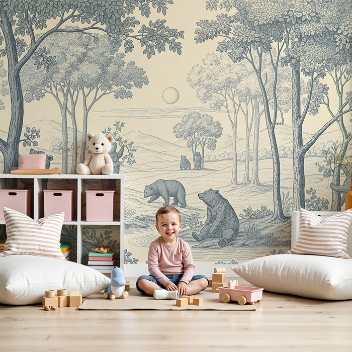 **Tapete Kinderzimmer | Bär im Wald mit beruhigender Landschaft**