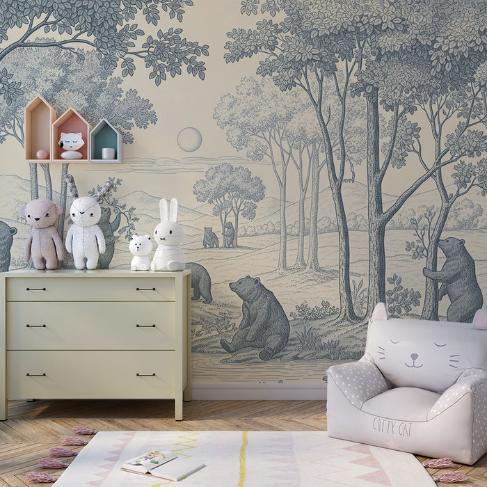 **Tapete Kinderzimmer | Bär im Wald mit beruhigender Landschaft**