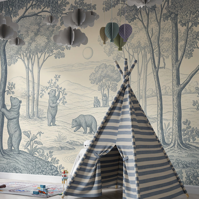 **Tapete Kinderzimmer | Bär im Wald mit beruhigender Landschaft**