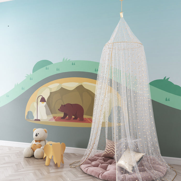 Children's Room Wallpaper | Cozy Bear in Den Design