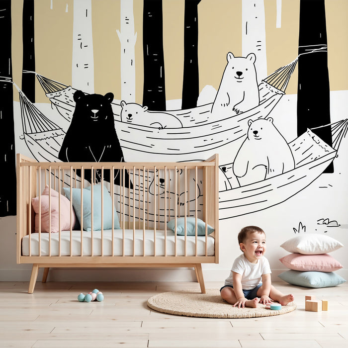 Carta da parati bambini | Orso sull'amaca nella foresta