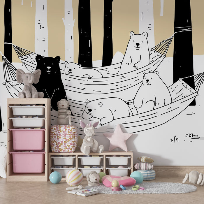 Carta da parati bambini | Orso sull'amaca nella foresta