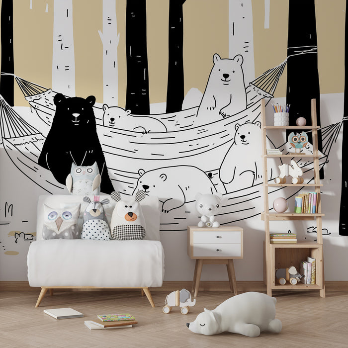 Carta da parati bambini | Orso sull'amaca nella foresta