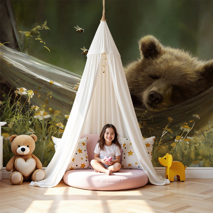 Kids room wallpaper | Sleeping bear in a hammock surrounded by flowers