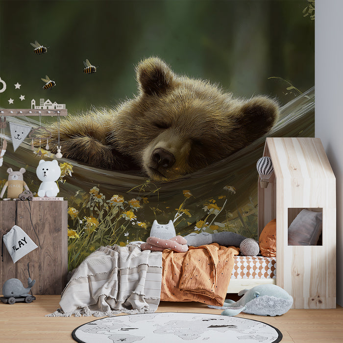 Kids room wallpaper | Sleeping bear in a hammock surrounded by flowers