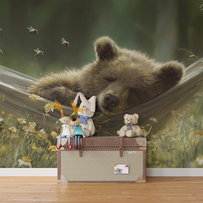 Kids room wallpaper | Sleeping bear in a hammock surrounded by flowers
